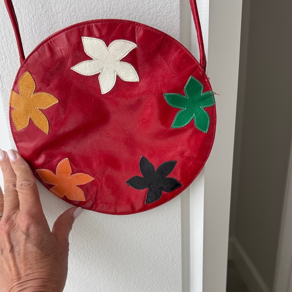 Red Circle Bag with Leaf Appliqués